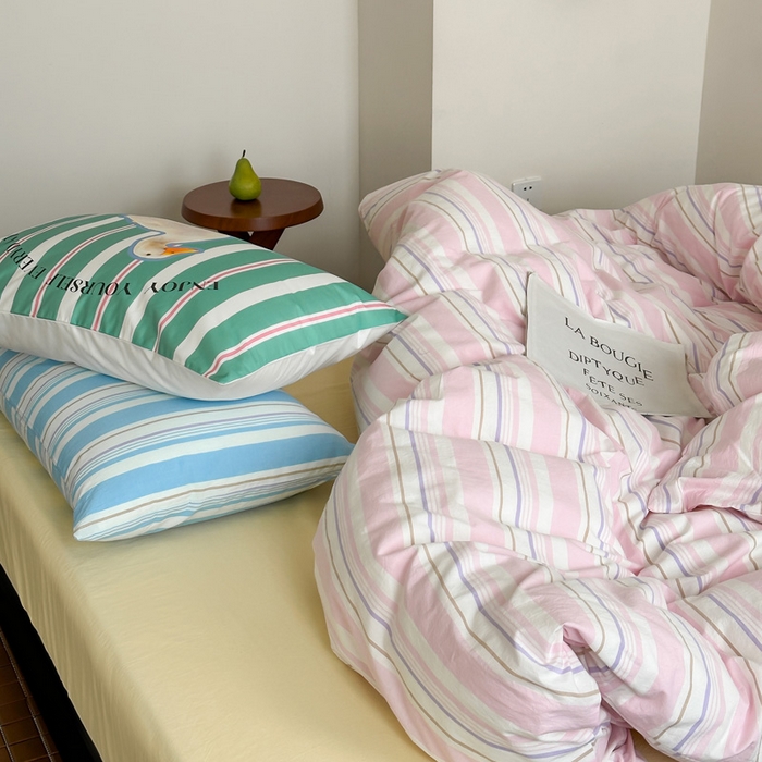 91家纺网 家纺一手货源 找家纺 艾沁 2024新款多巴胺条纹全棉色织水洗棉四件套 宽粉条