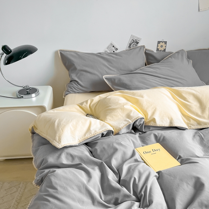 91家纺网 家纺一手货源 找家纺 眠帛 2024新款水洗棉贝壳边四件套 浅灰-奶黄