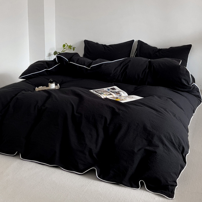 91家纺网 家纺一手货源 找家纺 梦家居 2024新款全棉色织水洗棉禁欲黑色系四件套 黑色—滚边款