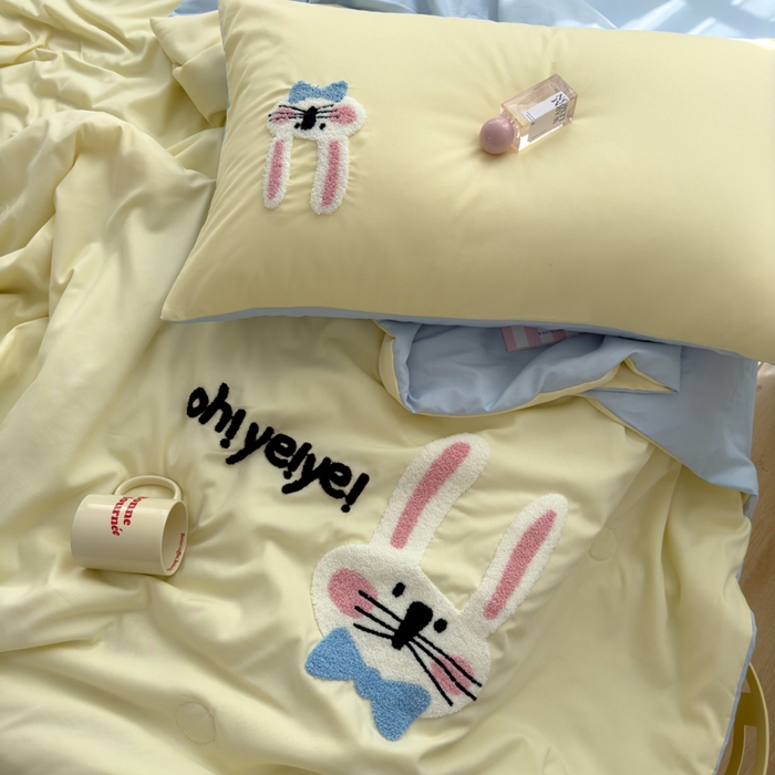 91家纺网 家纺一手货源 找家纺 曼谷家纺 软糯糯水洗棉夏凉被四件套单夏被被子 长耳兔-芝士蓝