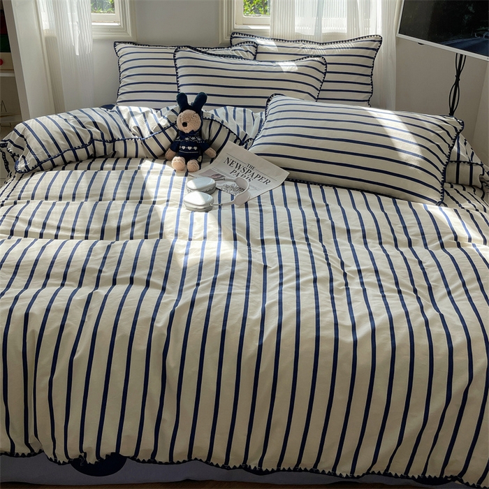 91家纺网 家纺一手货源 找家纺 857家居 2024新款贝壳边四件套 条纹-波点蓝