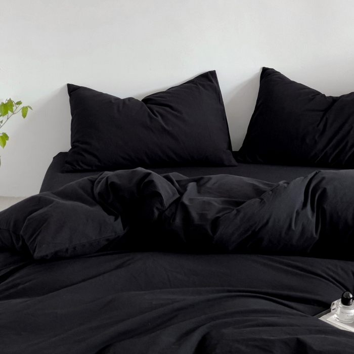 91家纺网 家纺一手货源 找家纺 梦家居 2024新款全棉色织水洗棉禁欲黑色系四件套 黑色—基础款