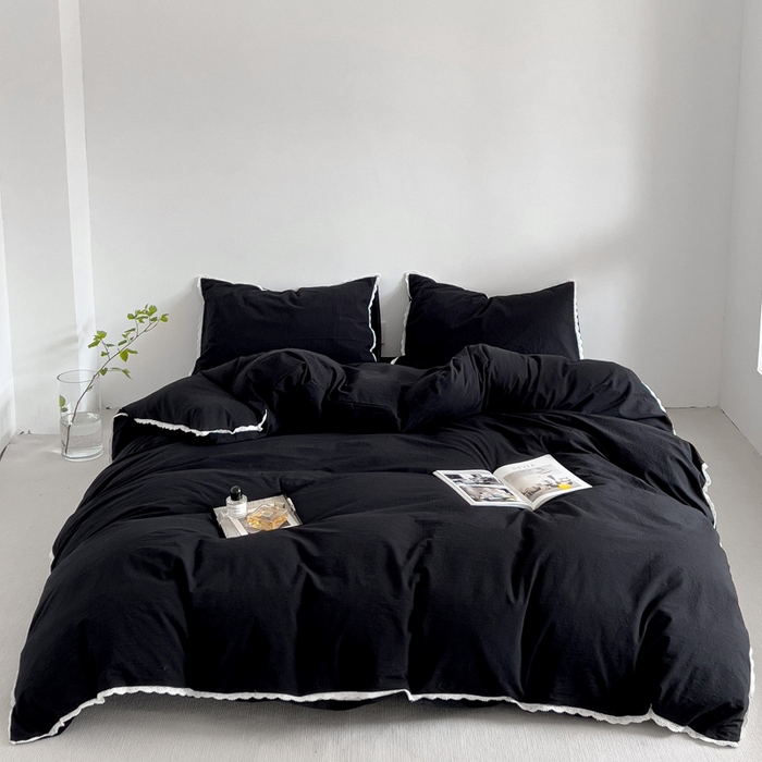 91家纺网 家纺一手货源 找家纺 梦家居 2024新款全棉色织水洗棉禁欲黑色系四件套 黑色—花边款