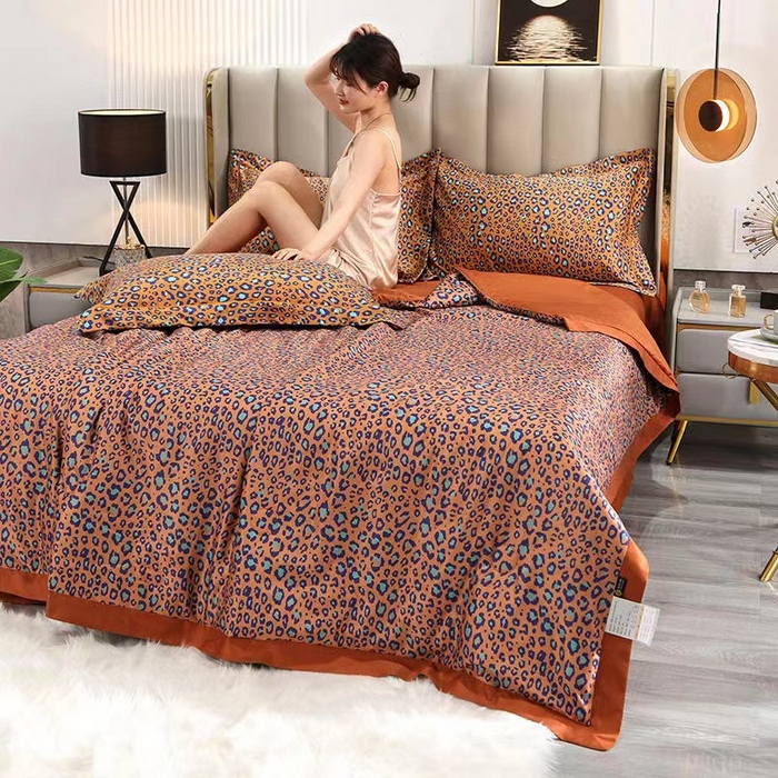 91家纺网 家纺一手货源 找家纺 丽卡家纺 2024新款水洗真丝夏被四件套 豹纹橘