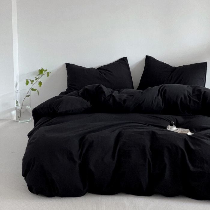 91家纺网 家纺一手货源 找家纺 梦家居 2024新款全棉色织水洗棉禁欲黑色系四件套 黑色—基础款