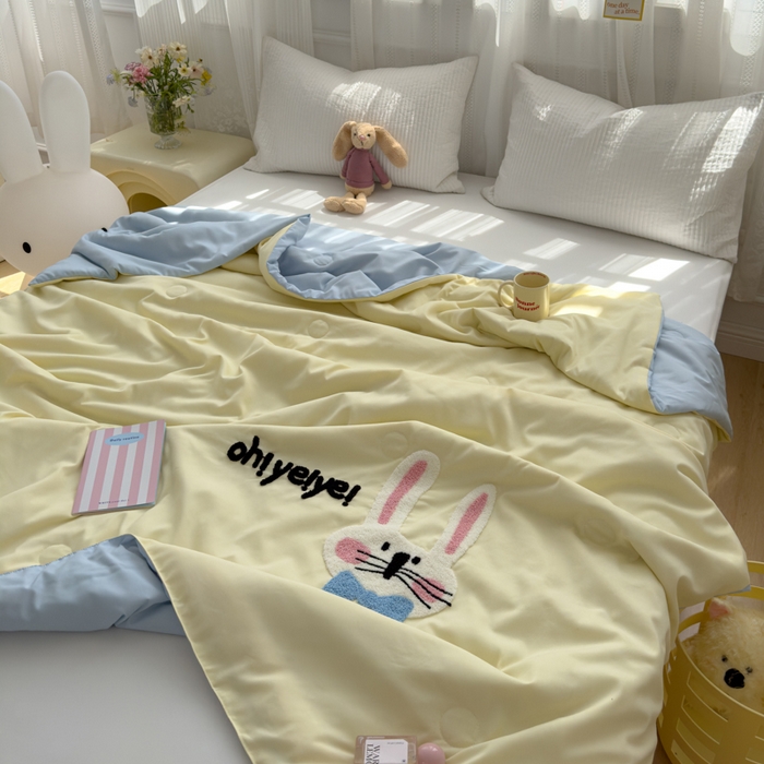 91家纺网 家纺一手货源 找家纺 曼谷家纺 软糯糯水洗棉夏凉被四件套单夏被被子 长耳兔-芝士蓝