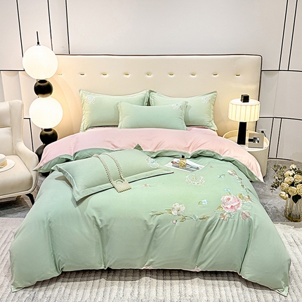 91家纺网 家纺一手货源 找家纺 大麦乐田 2024新款磨毛刺绣四件套--半岛玫瑰 半岛玫瑰 奶茶绿