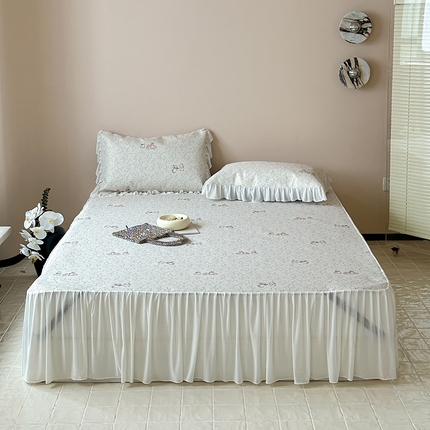 91家纺网 家纺一手货源 找家纺 昔可 2024新款A类900D仙仙雪纺纱床裙款冰丝席三件套 花楹兔