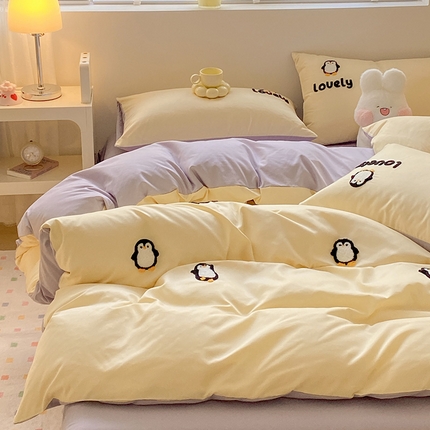 眠帛 2024新款亲肤棉卡通毛巾绣四件套 企鹅蛋-奶黄浅紫