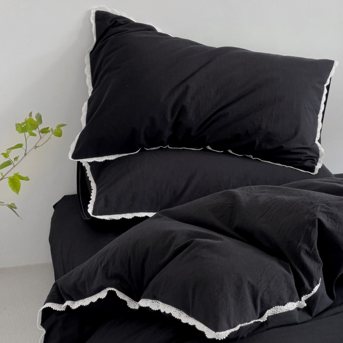 91家纺网 家纺一手货源 找家纺 梦家居 2024新款全棉色织水洗棉禁欲黑色系四件套 黑色—花边款