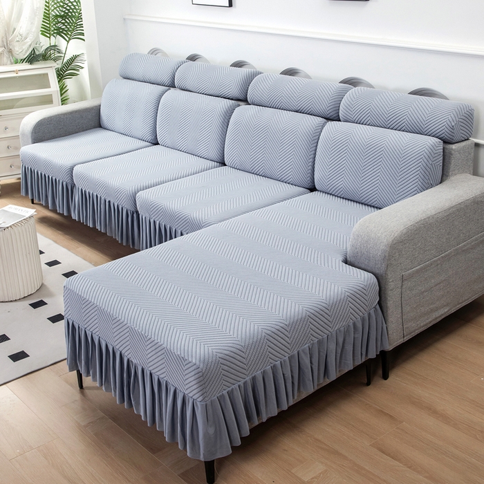 91家纺网 家纺一手货源 找家纺 （总）千彤 2024新款裙边款弹力沙发套罩拉花绒人字纹系列沙发笠