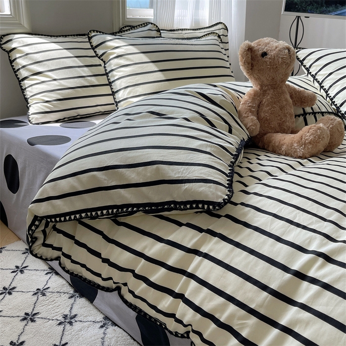 91家纺网 家纺一手货源 找家纺 857家居 2024新款贝壳边四件套 条纹-波点黑