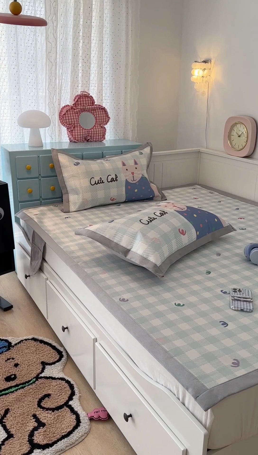 91家纺网 家纺一手货源 找家纺 昔可家纺 2024新款A类900D大版冰丝席 蓝格猫