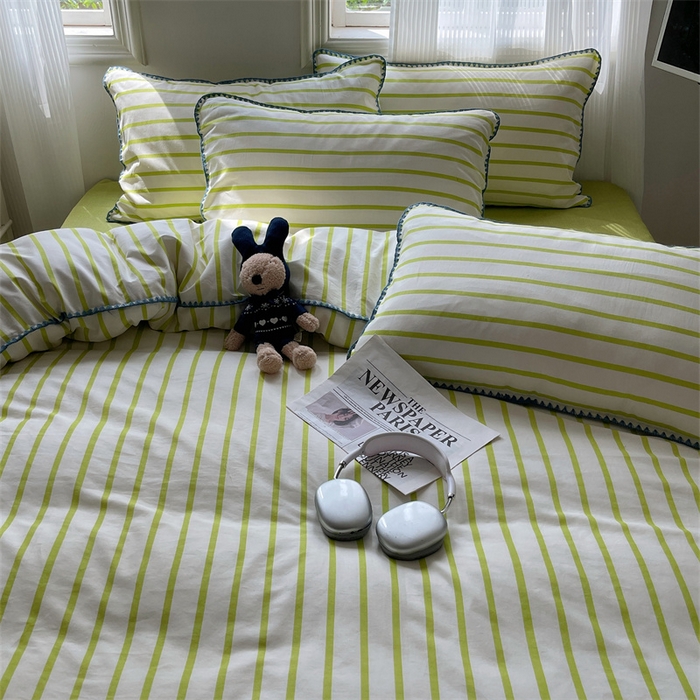 91家纺网 家纺一手货源 找家纺 857家居 2024新款贝壳边四件套 条纹-青草绿