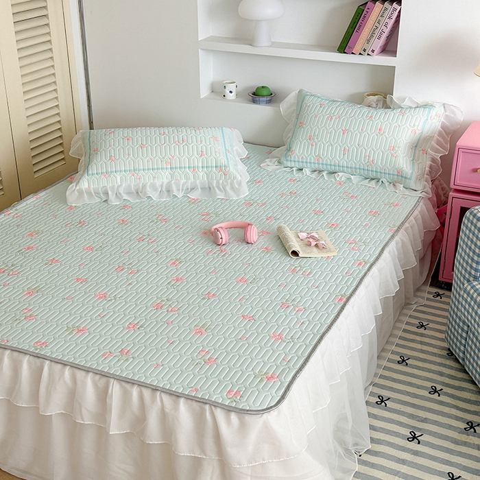 91家纺网 家纺一手货源 找家纺 昔可 新款床裙款乳胶凉席双层雪纺纱乳胶凉席三件套 少女玫瑰