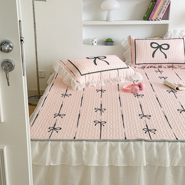 91家纺网 家纺一手货源 找家纺 昔可 新款床裙款乳胶凉席双层雪纺纱乳胶凉席三件套 芭蕾风蝴蝶结