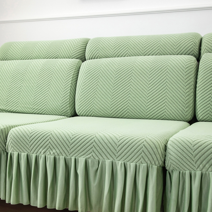 91家纺网 家纺一手货源 找家纺 千彤 2024新款裙边款弹力沙发套罩拉花绒人字纹系列沙发笠 浅绿