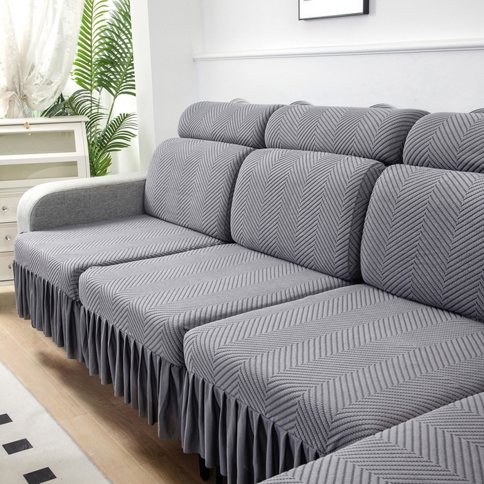 91家纺网 家纺一手货源 找家纺 千彤 2024新款裙边款弹力沙发套罩拉花绒人字纹系列沙发笠 深灰