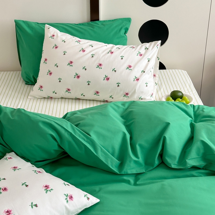 91家纺网 家纺一手货源 找家纺 艾沁 2024新款小清新全棉水洗棉四件套 绿野仙踪（枕套花+绿）