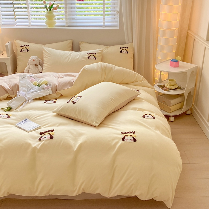 91家纺网 家纺一手货源 找家纺 眠帛 2024新款亲肤棉卡通毛巾绣四件套 帕恰-奶黄奶茶