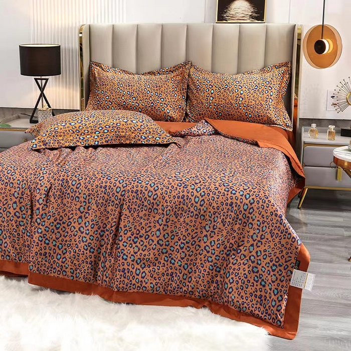 91家纺网 家纺一手货源 找家纺 丽卡家纺 2024新款水洗真丝夏被四件套 豹纹橘