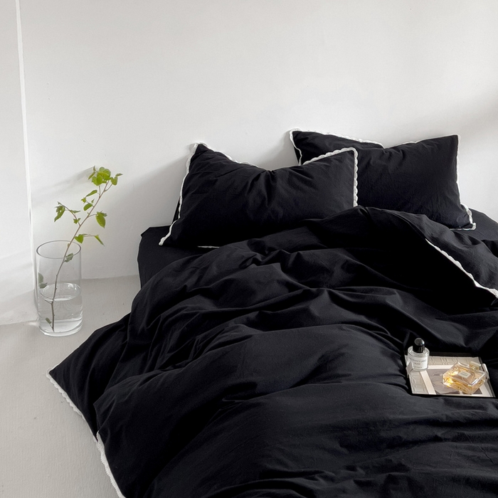 91家纺网 家纺一手货源 找家纺 梦家居 2024新款全棉色织水洗棉禁欲黑色系四件套 黑色—花边款