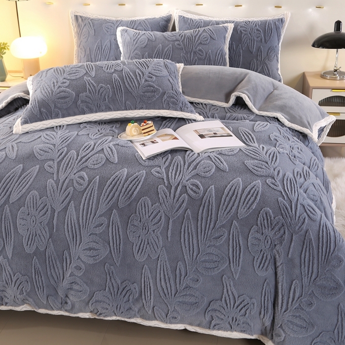 91家纺网 家纺一手货源 找家纺 芸锦豪2024新款花团雕花兔毛绒兔兔绒四件套 蓝灰