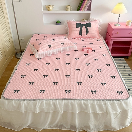 昔可 新款床裙款乳胶凉席双层雪纺纱乳胶凉席三件套 黑粉蝴蝶结