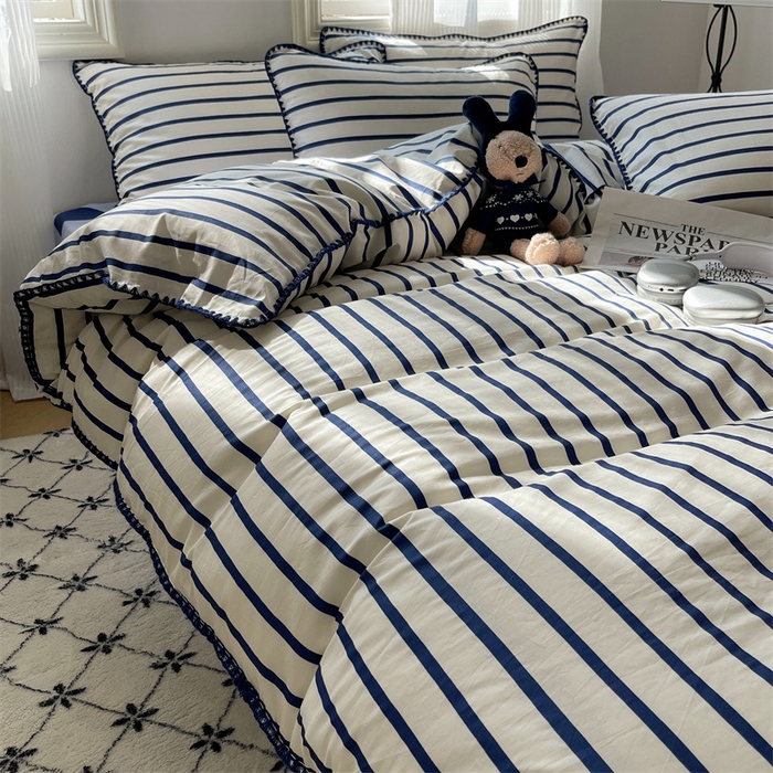 91家纺网 家纺一手货源 找家纺 857家居 2024新款贝壳边四件套 条纹-波点蓝