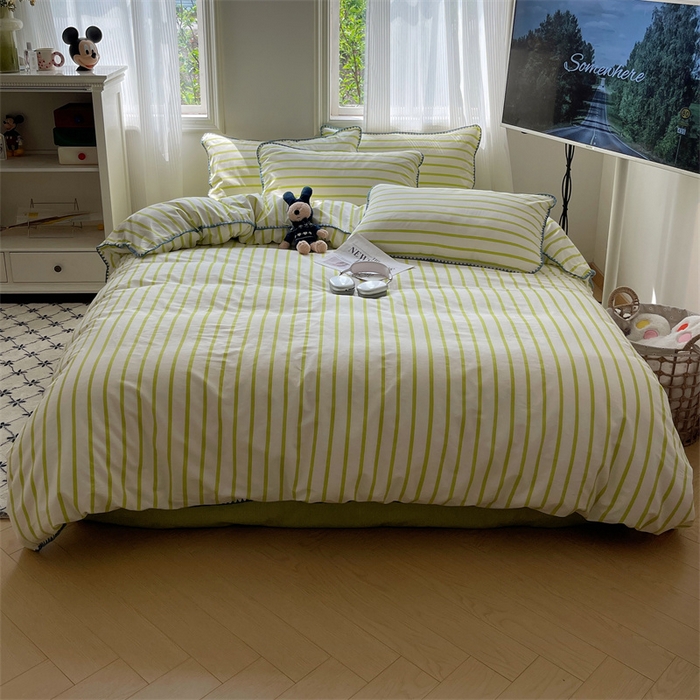 91家纺网 家纺一手货源 找家纺 857家居 2024新款贝壳边四件套 条纹-青草绿