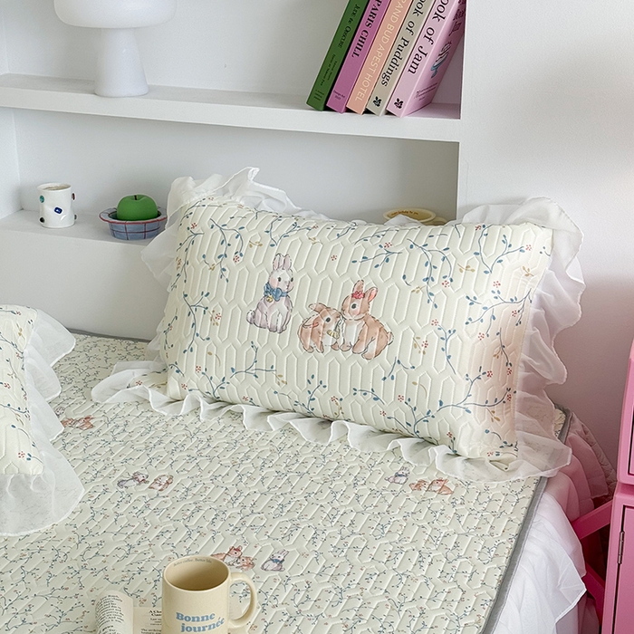 91家纺网 家纺一手货源 找家纺 昔可 新款床裙款乳胶凉席双层雪纺纱乳胶凉席三件套 花枝兔