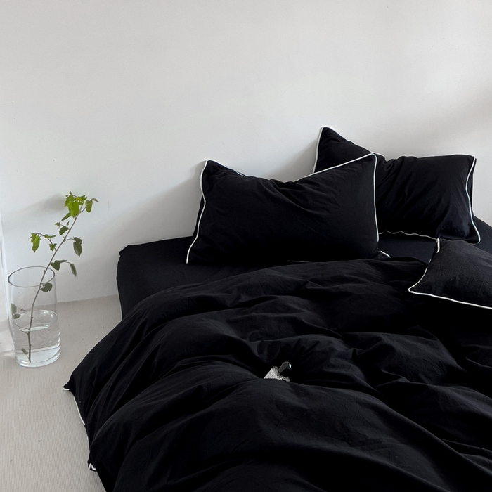 91家纺网 家纺一手货源 找家纺 梦家居 2024新款全棉色织水洗棉禁欲黑色系四件套 黑色—滚边款