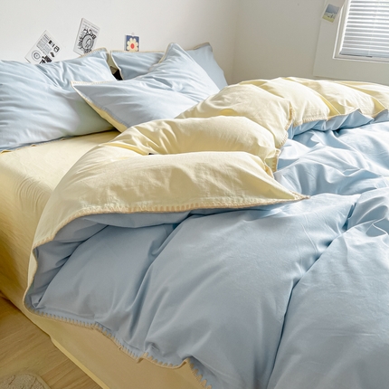 眠帛 2024新款水洗棉贝壳边四件套 天空蓝-奶黄
