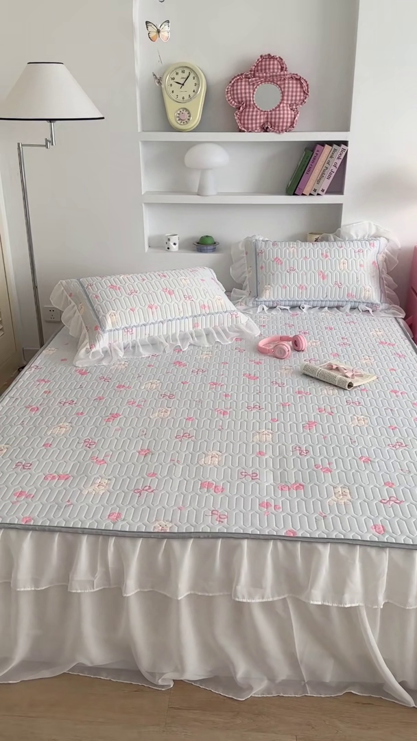 91家纺网 家纺一手货源 找家纺 昔可 新款床裙款乳胶凉席双层雪纺纱乳胶凉席三件套 玫瑰小猫咪