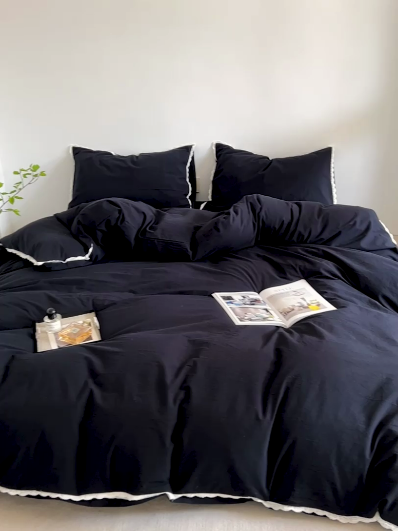 91家纺网 家纺一手货源 找家纺 梦家居 2024新款全棉色织水洗棉禁欲黑色系四件套 黑色—花边款