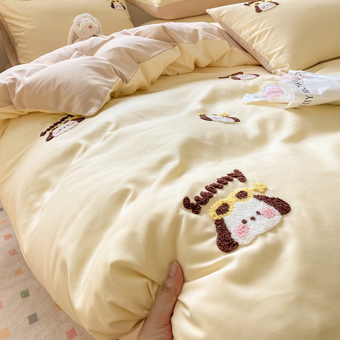 91家纺网 家纺一手货源 找家纺 眠帛 2024新款亲肤棉卡通毛巾绣四件套 帕恰-奶黄奶茶