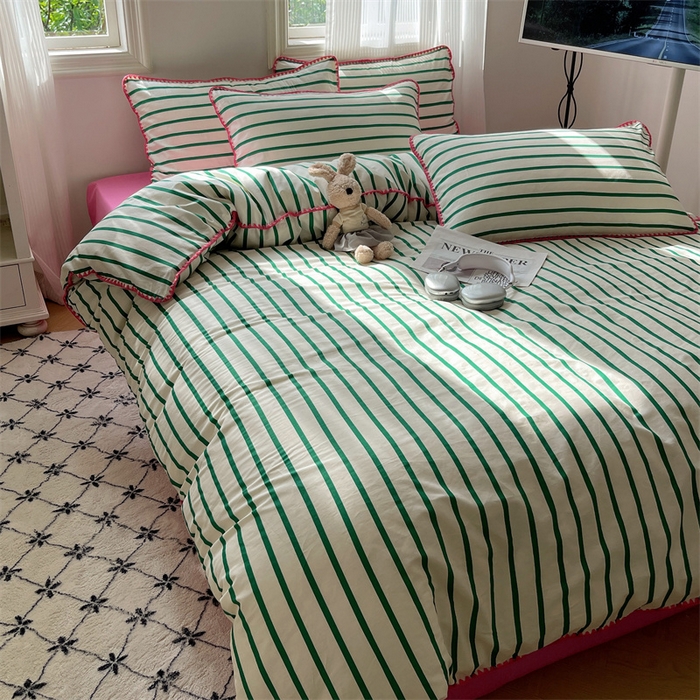 91家纺网 家纺一手货源 找家纺 857家居 2024新款贝壳边四件套 条纹-玫瑰绿