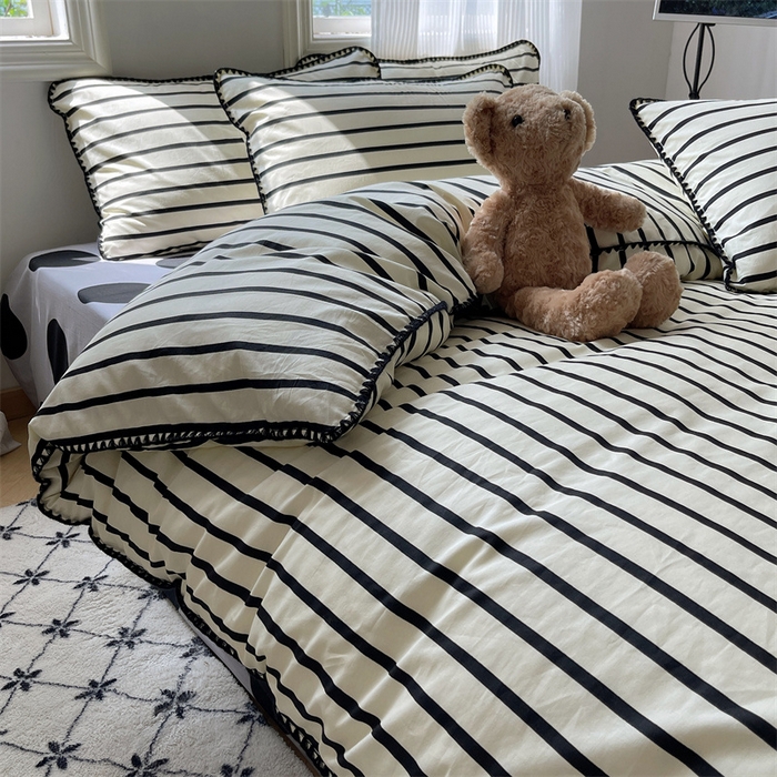 91家纺网 家纺一手货源 找家纺 857家居 2024新款贝壳边四件套 条纹-波点黑