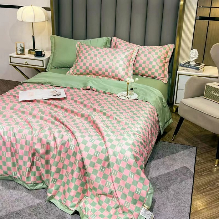 91家纺网 家纺一手货源 找家纺 丽卡家纺 2024新款水洗真丝夏被四件套 棋盘格