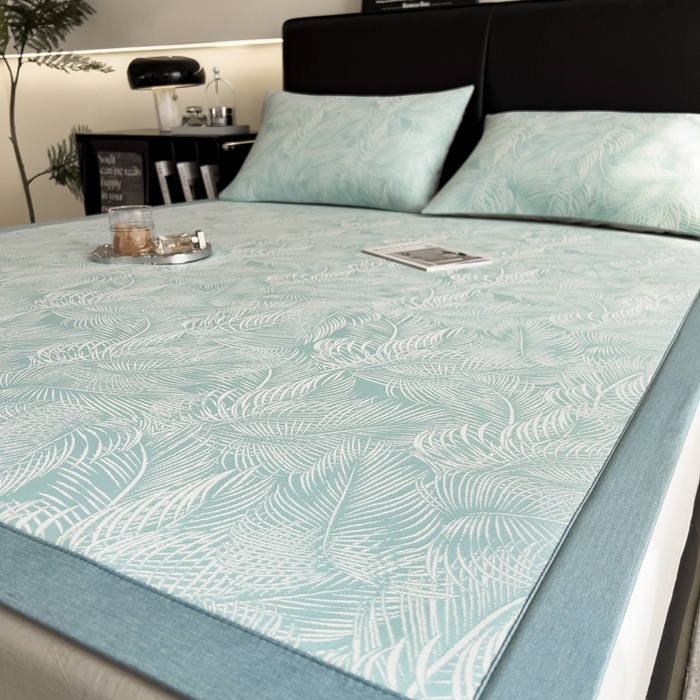 91家纺网 家纺一手货源 找家纺 慕尚家纺 2025新款1200D提花凉感席 提花席 羽毛纷飞蓝