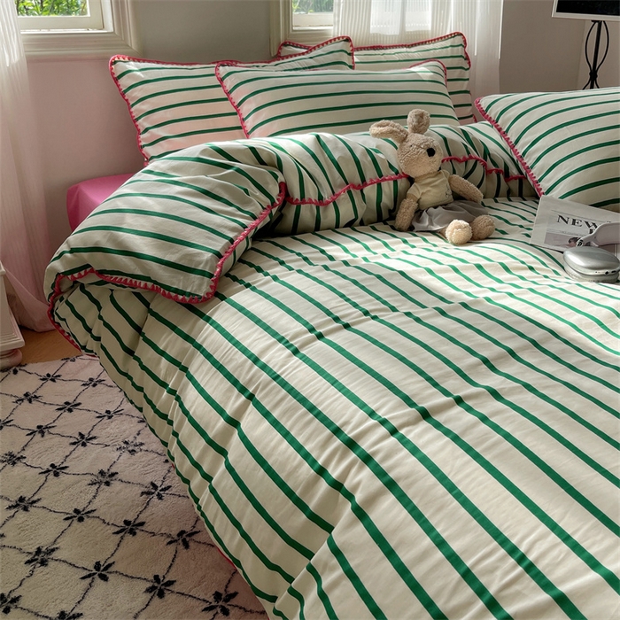 91家纺网 家纺一手货源 找家纺 857家居 2024新款贝壳边四件套 条纹-玫瑰绿