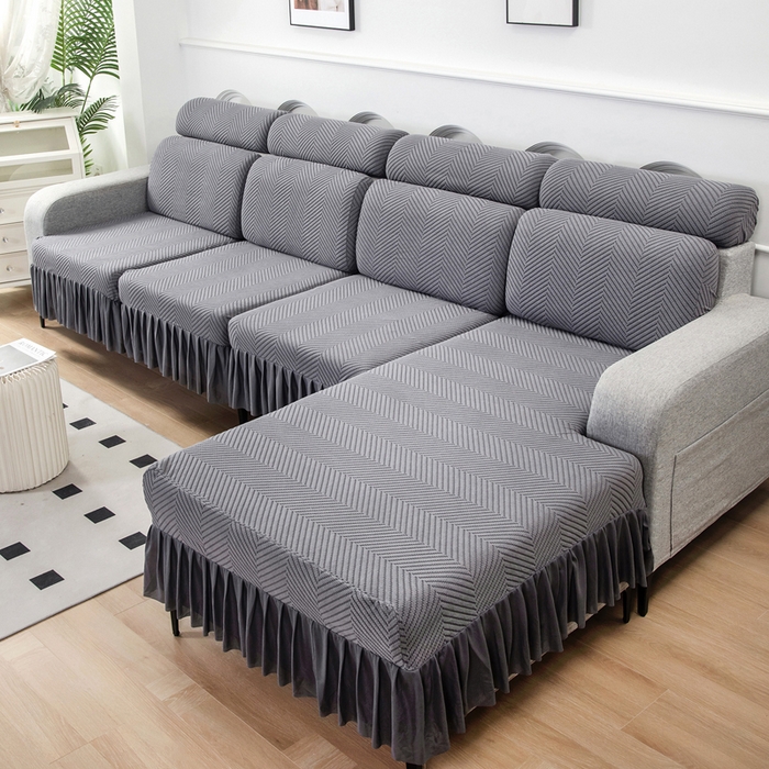 91家纺网 家纺一手货源 找家纺 千彤 2024新款裙边款弹力沙发套罩拉花绒人字纹系列沙发笠 深灰