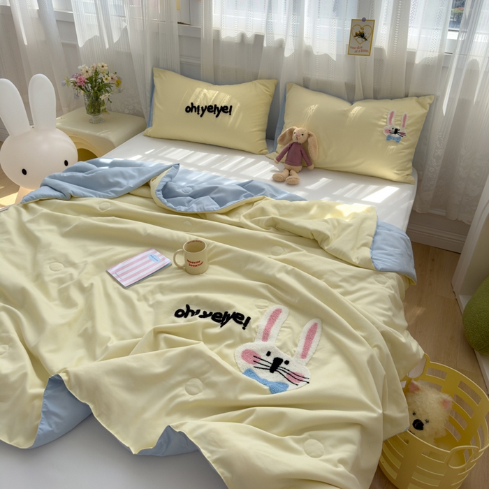 91家纺网 家纺一手货源 找家纺 曼谷家纺 软糯糯水洗棉夏凉被四件套单夏被被子 长耳兔-芝士蓝