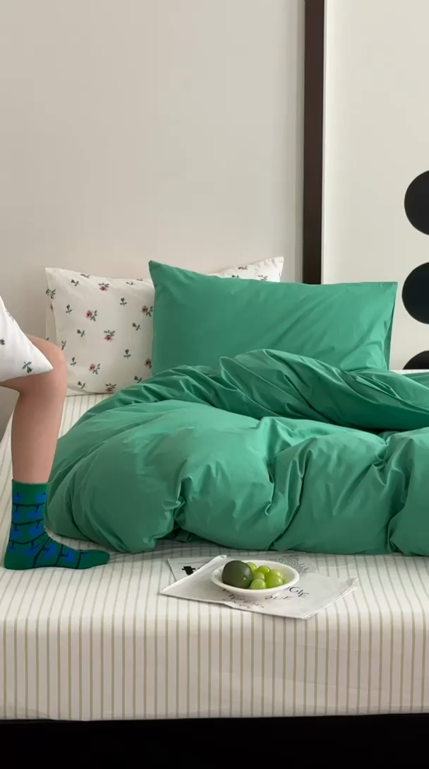 91家纺网 家纺一手货源 找家纺 艾沁 2024新款小清新全棉水洗棉四件套 绿野仙踪（枕套花+绿）