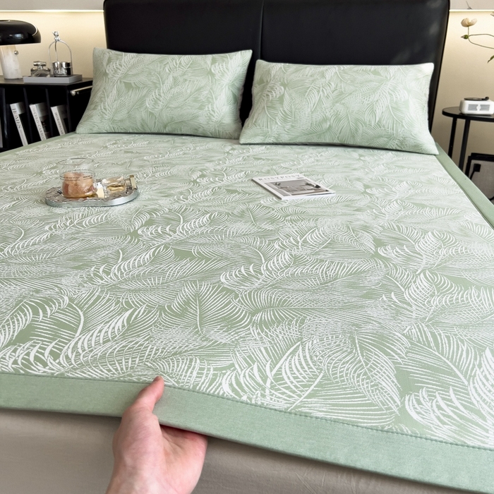 91家纺网 家纺一手货源 找家纺 慕尚家纺 2025新款1200D提花凉感席 提花席 羽毛纷飞绿