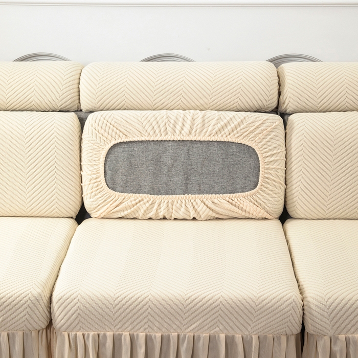 91家纺网 家纺一手货源 找家纺 千彤 2024新款裙边款弹力沙发套罩拉花绒人字纹系列沙发笠 米黄