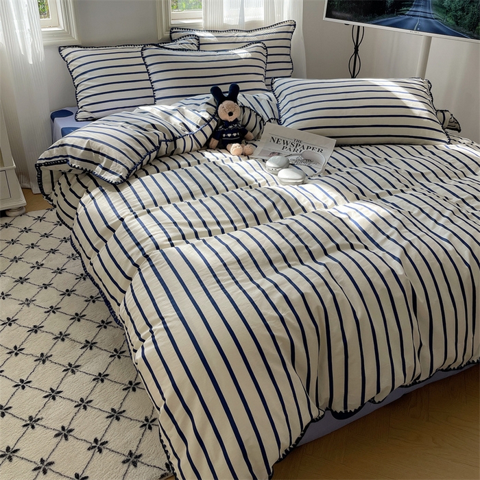 91家纺网 家纺一手货源 找家纺 857家居 2024新款贝壳边四件套 条纹-波点蓝