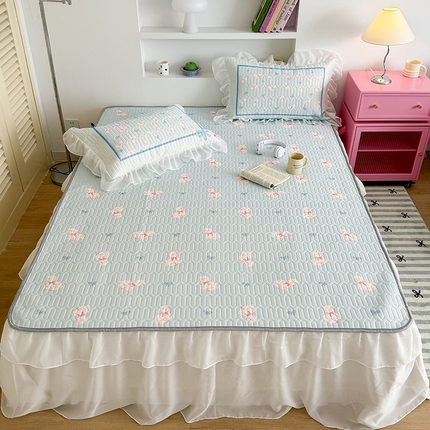 昔可 新款床裙款乳胶凉席双层雪纺纱乳胶凉席三件套 蝴蝶结小羊芙