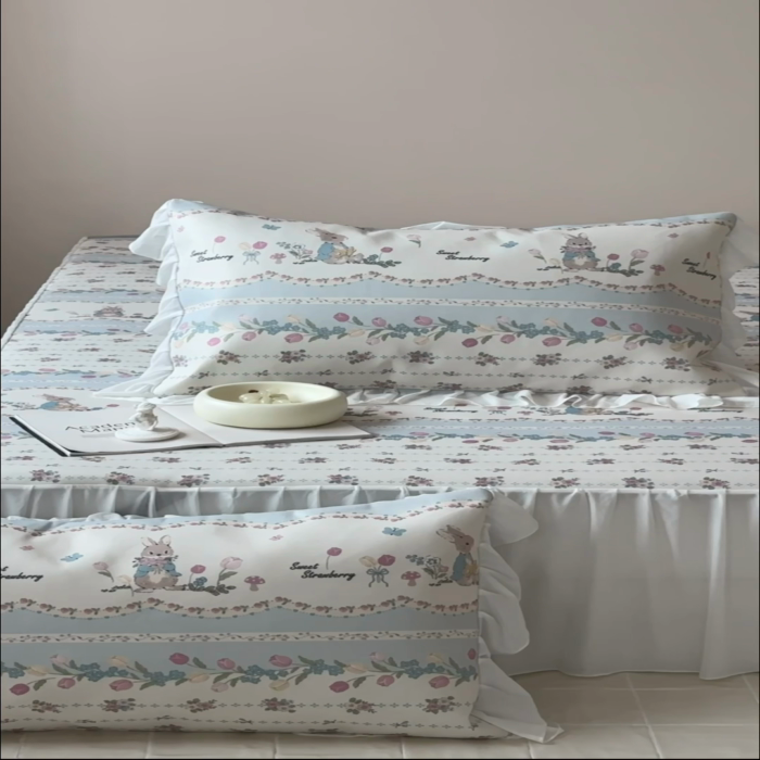 91家纺网 家纺一手货源 找家纺 昔可 2024新款A类900D仙仙雪纺纱床裙款冰丝席三件套 郁金香布兰兔