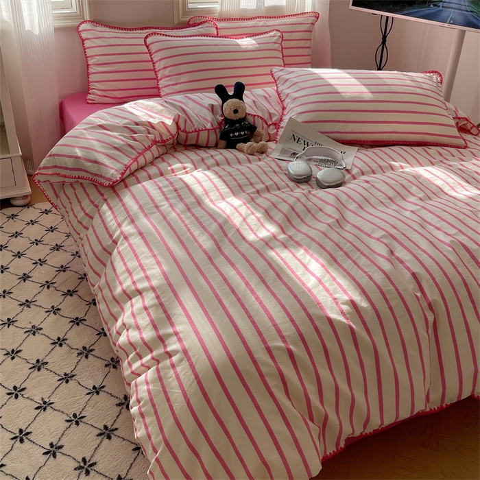 91家纺网 家纺一手货源 找家纺 857家居 2024新款贝壳边四件套 条纹-玫瑰红